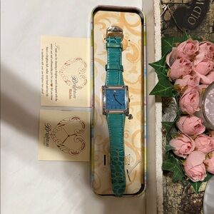 Brighton Teal Leather Strap Square Dial Watch with Silver Accents